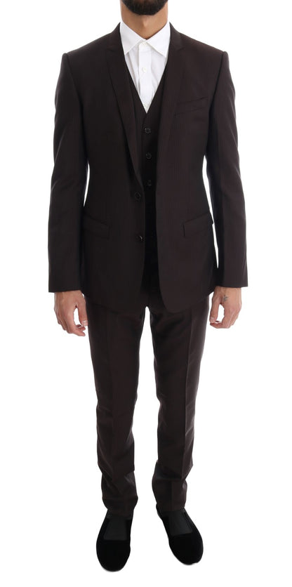 Dolce & Gabbana Elegant Brown Striped Three-Piece Wool Suit