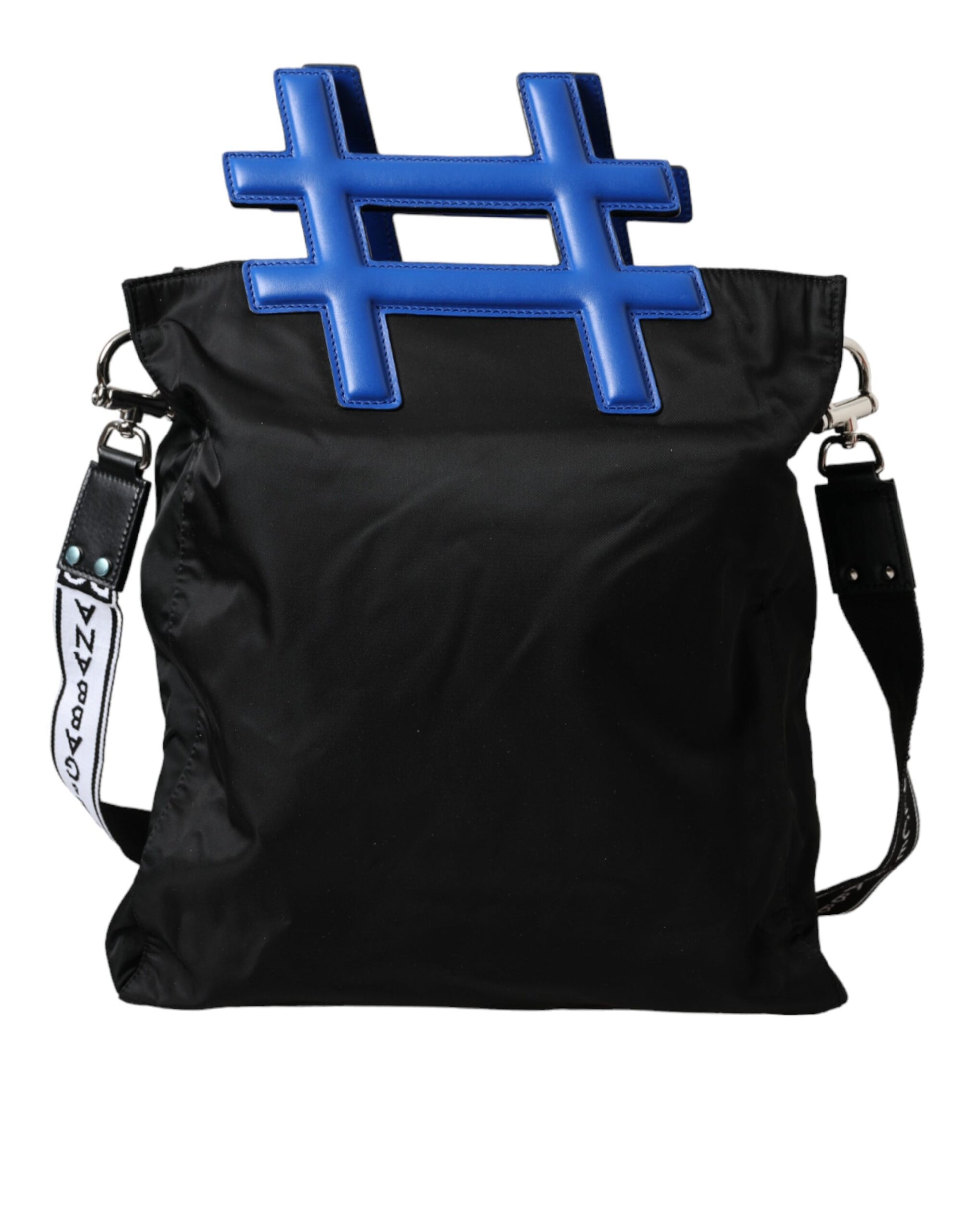 Black Nylon Blue Leather Hashtag Shopping Tote Bag