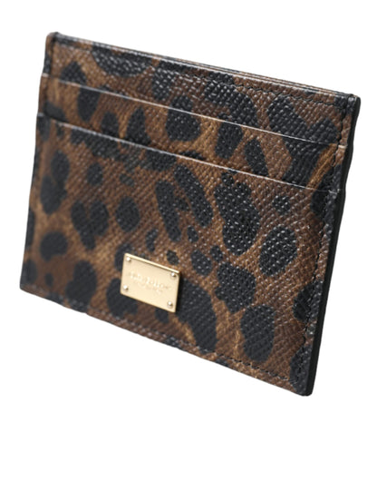 Brown Leather Leopard Logo Plaque Women Cardholder Wallet