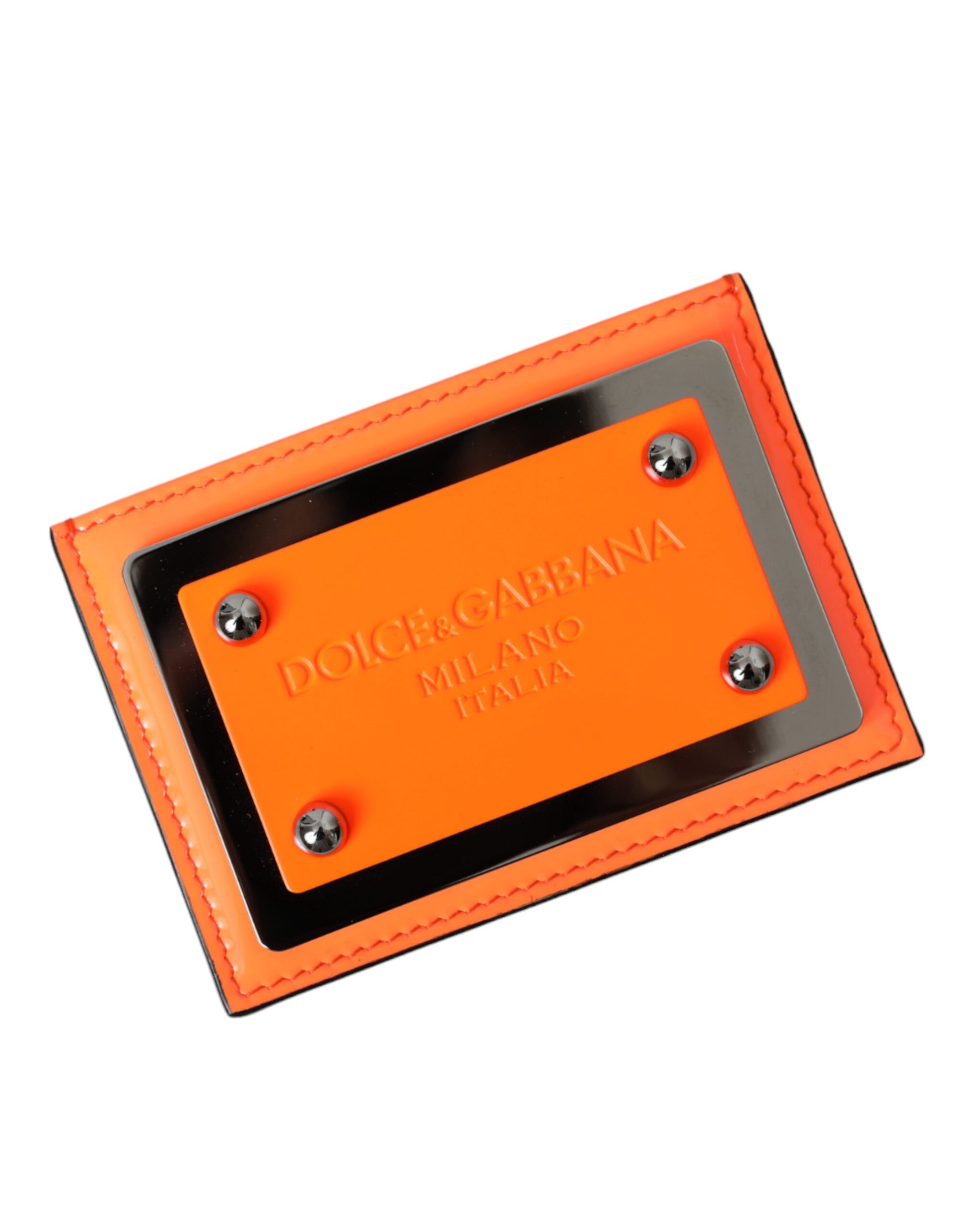 Orange Black Leather Logo Plaque Card Holder Wallet