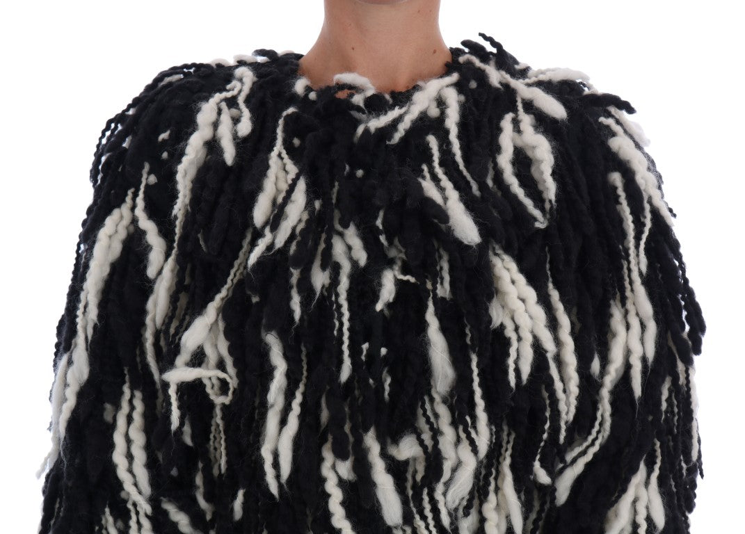 Black and White Fringed Wool Coat Jacket