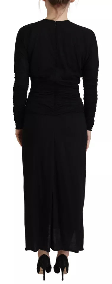 Black Sheath Midi Gown Wool Wrap Dress