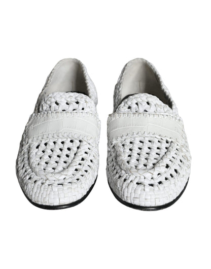 White Woven Leather Slip On Loafers Men Shoes