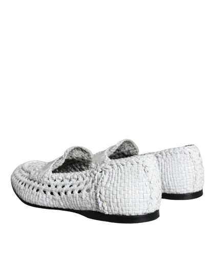 White Woven Leather Slip On Loafers Men Shoes