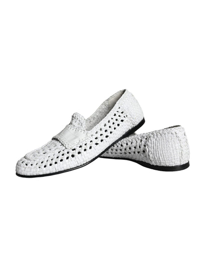 White Woven Leather Slip On Loafers Men Shoes