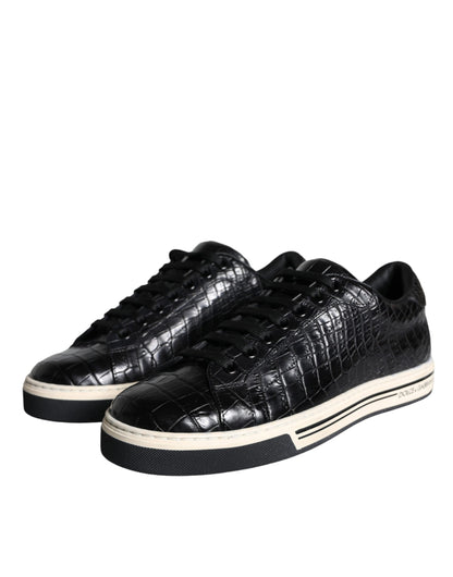 Black Leather Men Low Top Sneakers Shoes