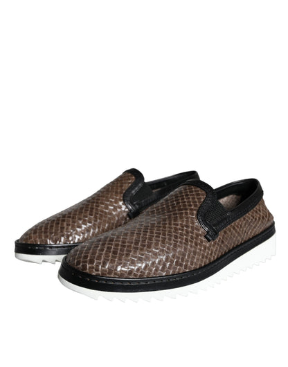 Brown Black Leather Weaved Men Loafers Shoes