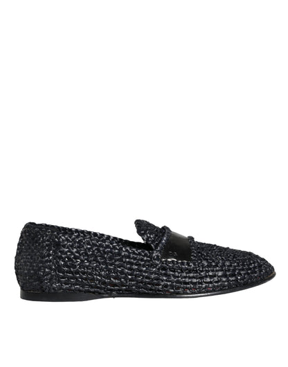 Black Woven Raffia Slip On Loafers Men Shoes