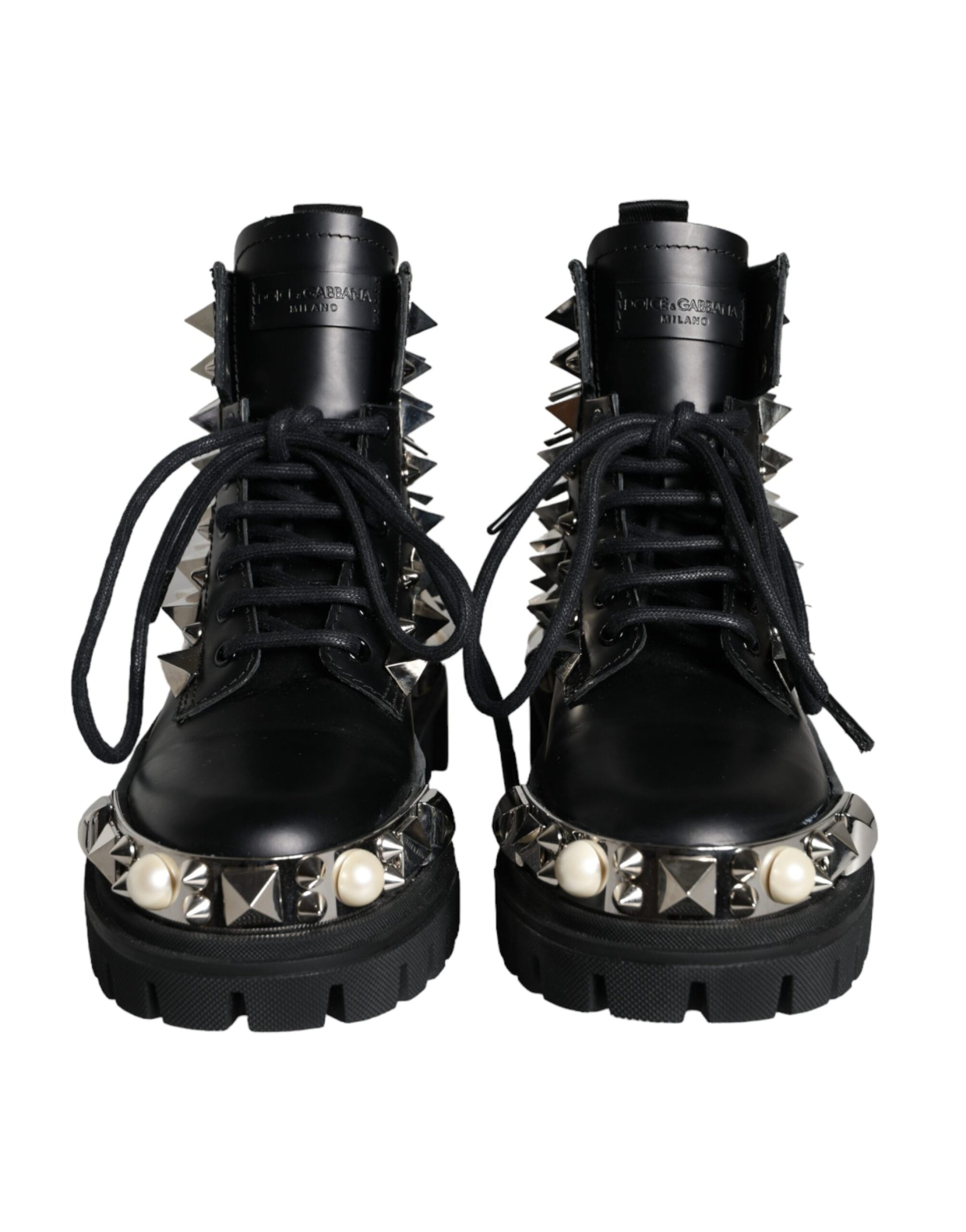 Black Leather Studs Embellished Combat Boots Shoes