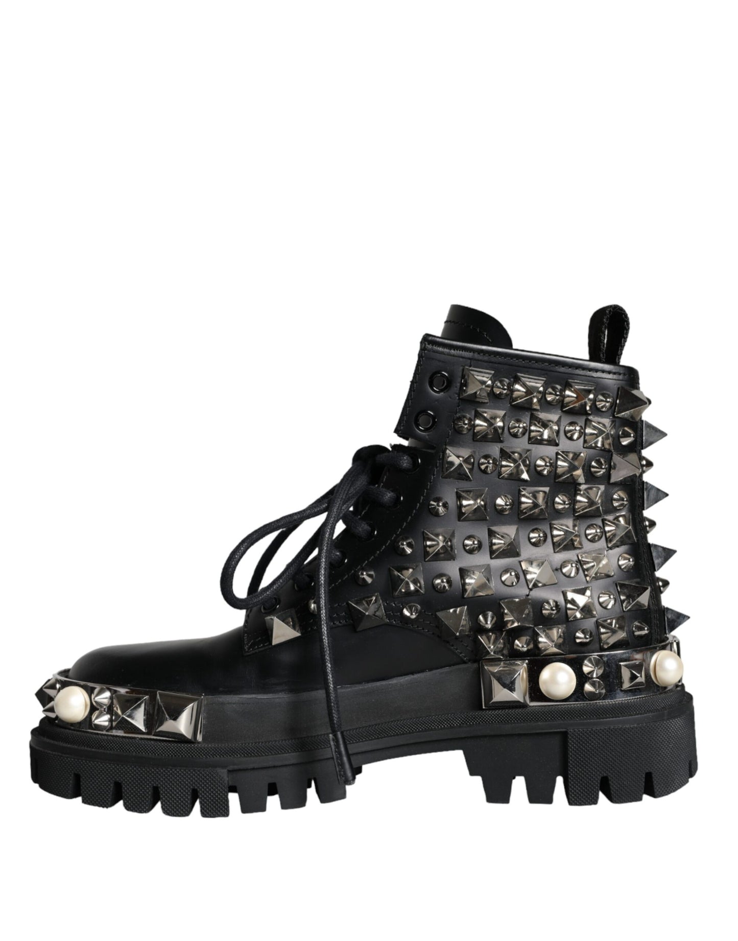 Black Leather Studs Embellished Combat Boots Shoes