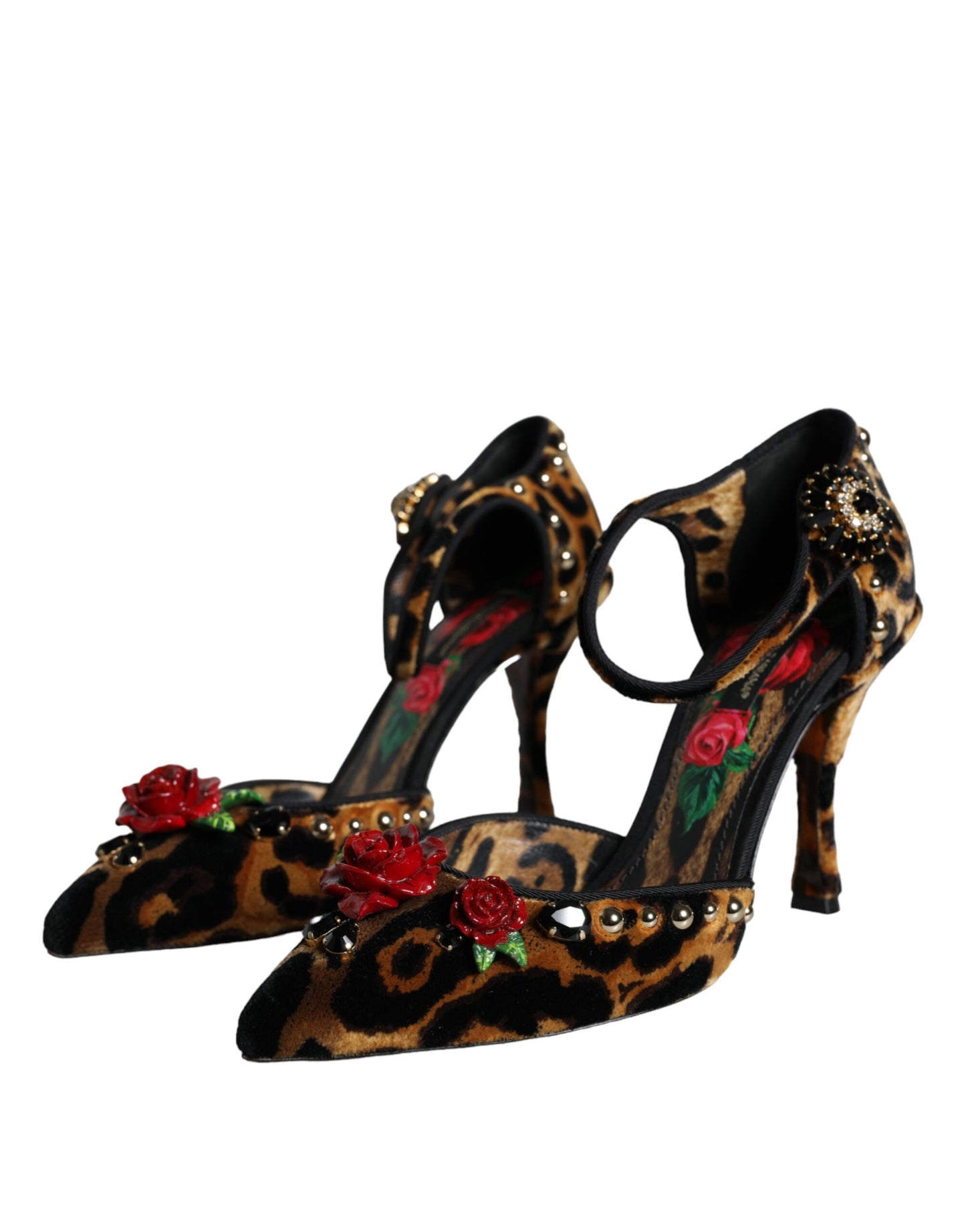 Brown Leopard Floral Crystal Ankle Strap Pumps Shoes