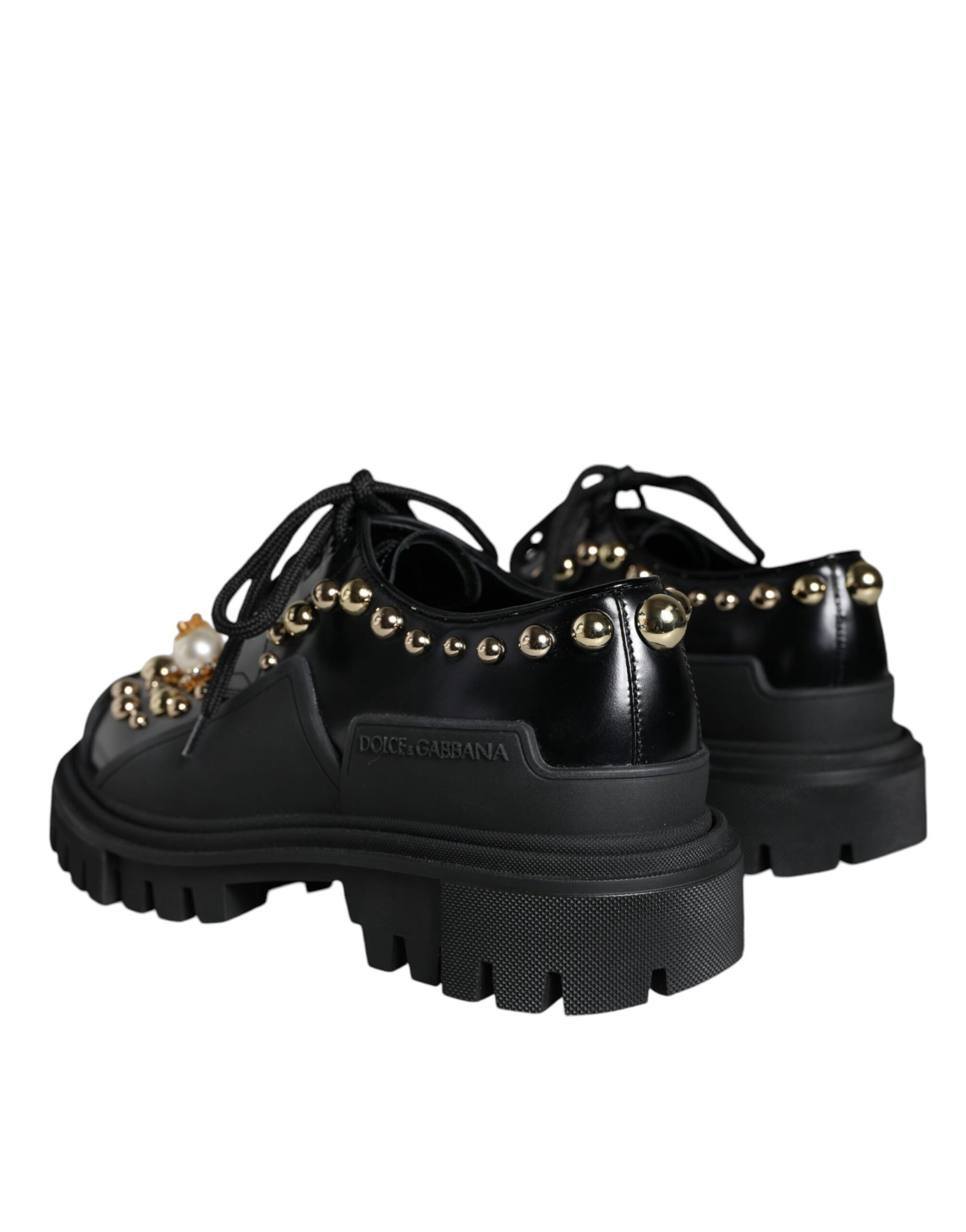 Black Leather Trekking Derby Embellished Shoes