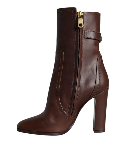 Brown Leather Heels Mid Calf Boots Shoes