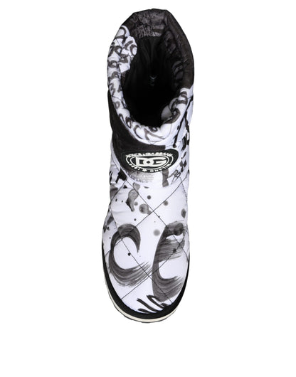 White Padded Logo Print Mid Calf Boots Shoes