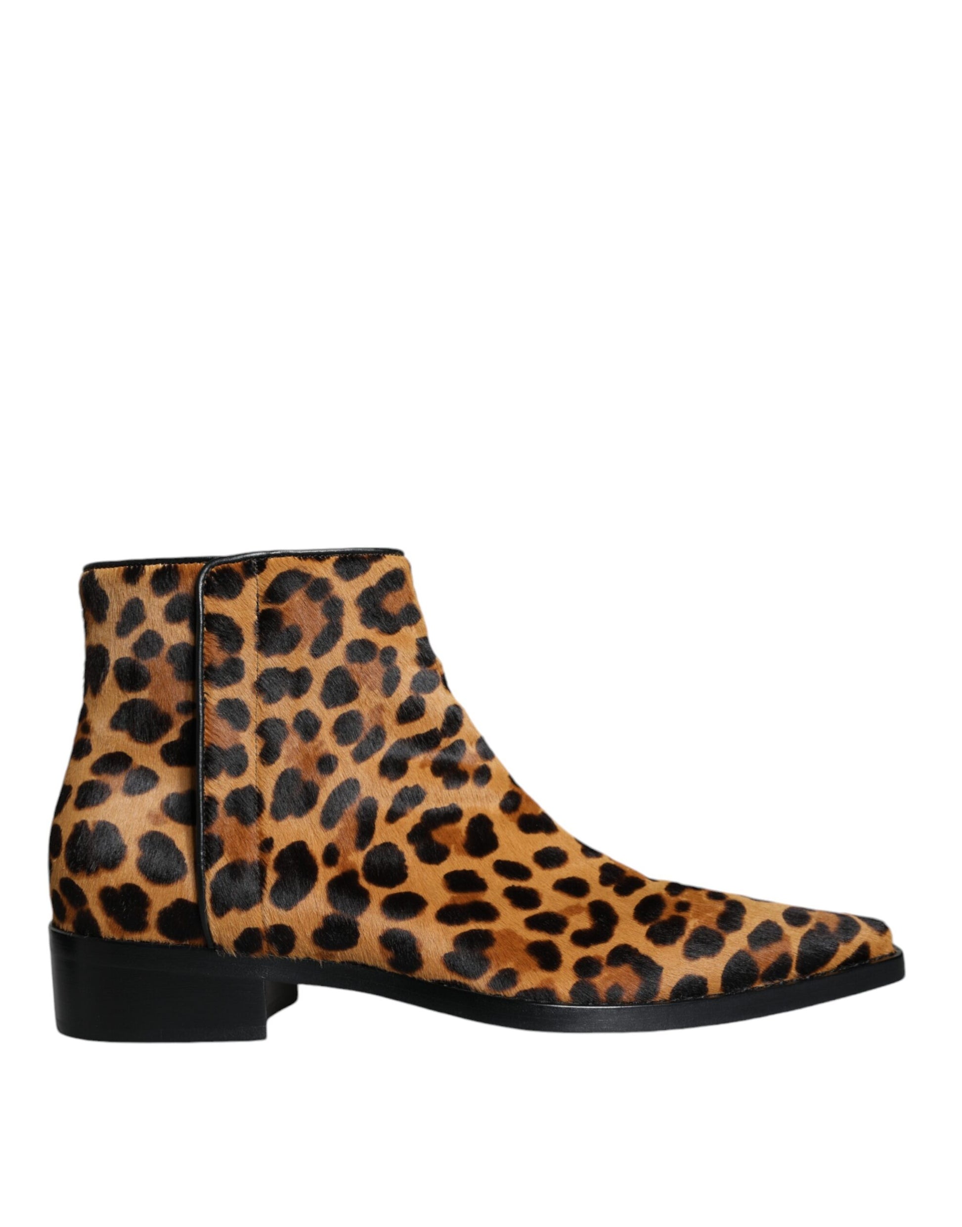 Brown Leopard Calf Fur Ankle Boots Shoes