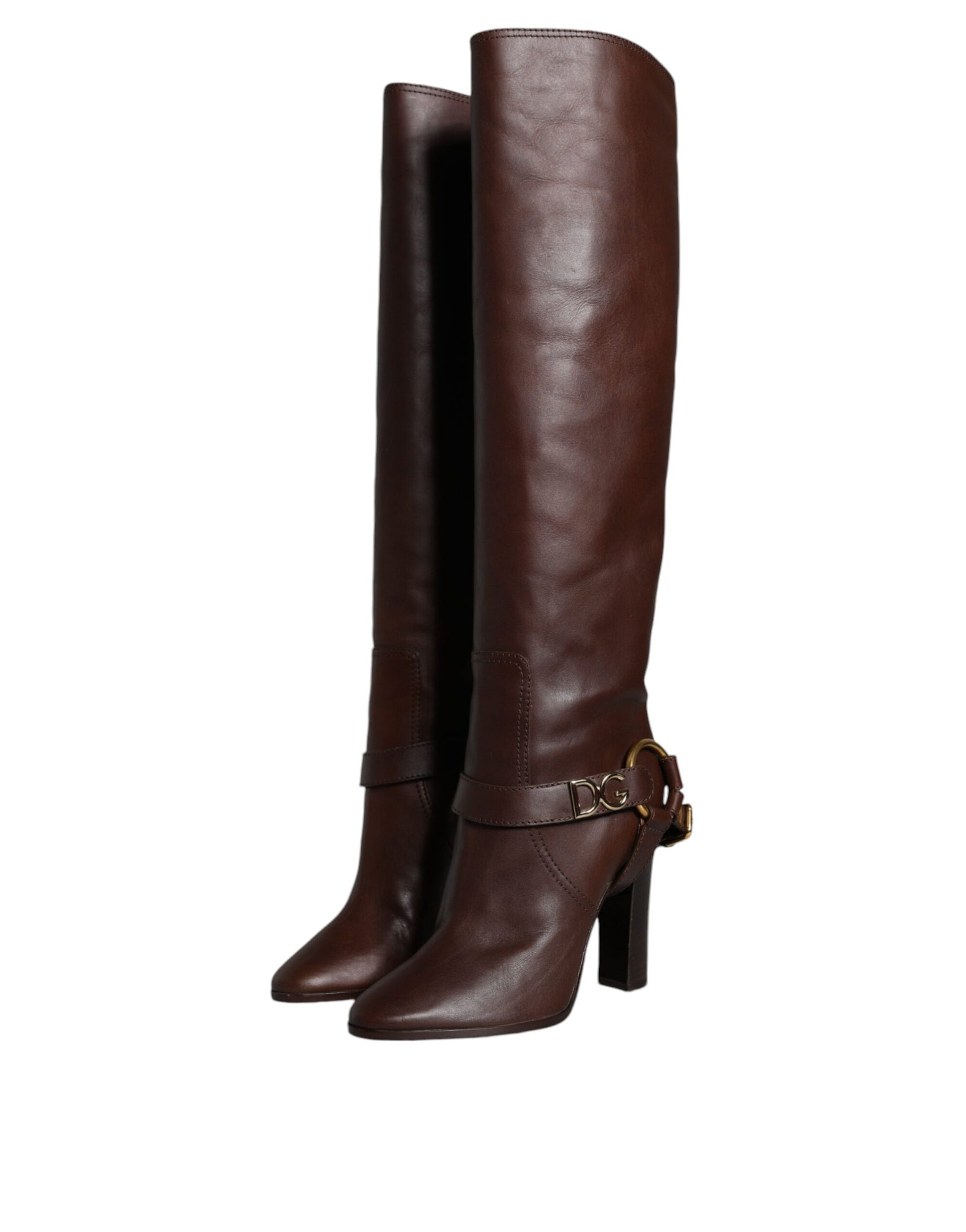 Brown Leather Gold Tone Logo High Boots Shoes