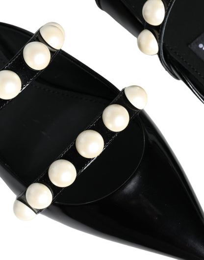 Black Leather Pearls Slides Sandals Shoes