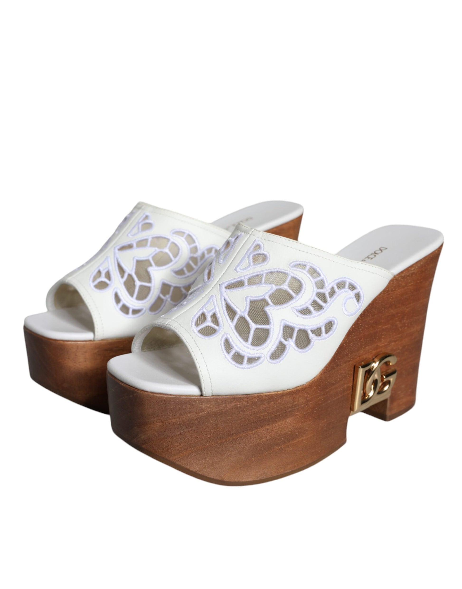 White Leather Wood Mules Wedge Slides Shoes