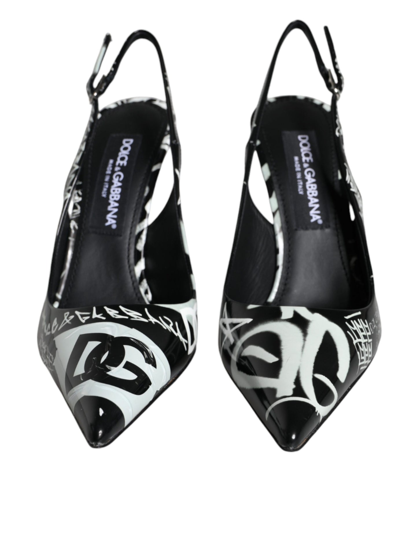 Black Graffiti Leather Slingback Heels Pumps Shoes