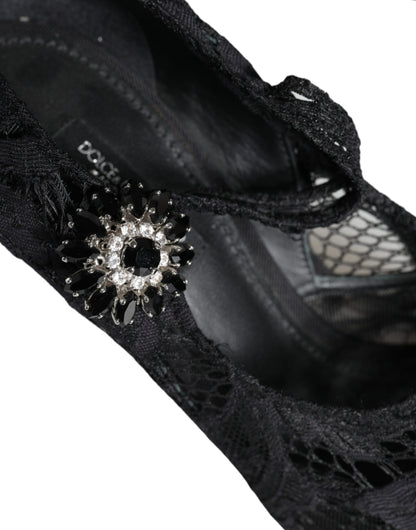 Black Mary Jane Pumps Lace Crystals Heels Shoes