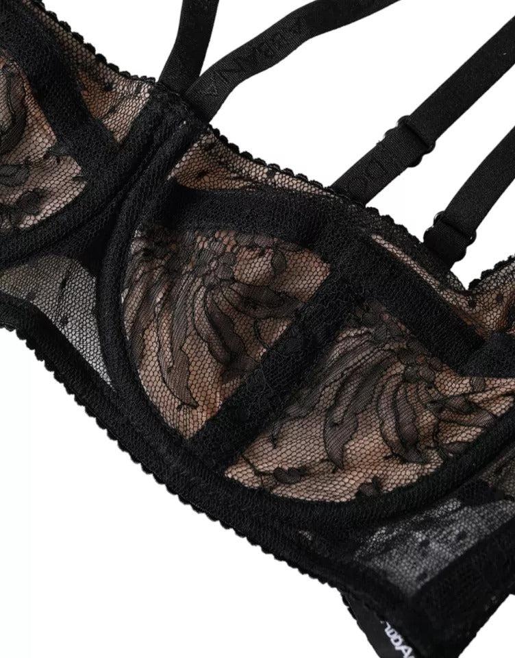 Black Floral Lace Nylon Balconcino Bra Underwear