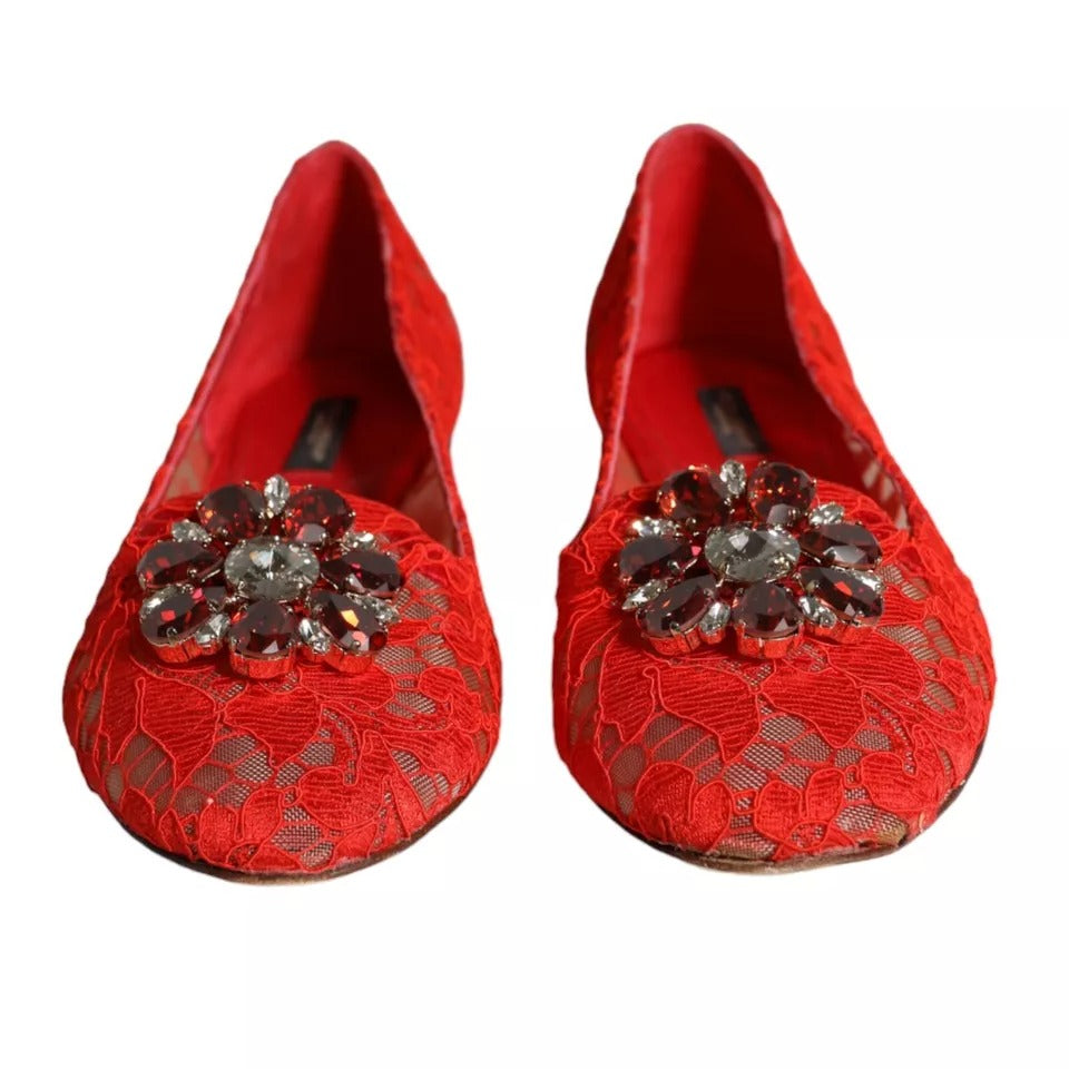 Red Lace Crystal Ballet Flats Loafers Shoes