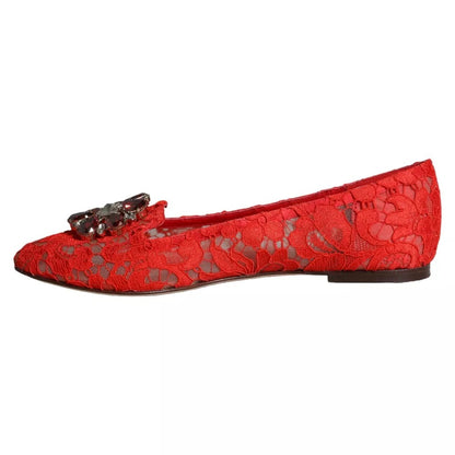 Red Lace Crystal Ballet Flats Loafers Shoes