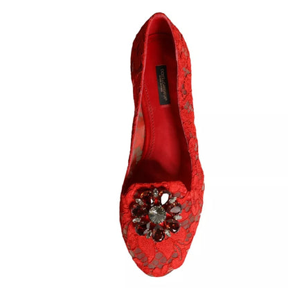 Red Lace Crystal Ballet Flats Loafers Shoes