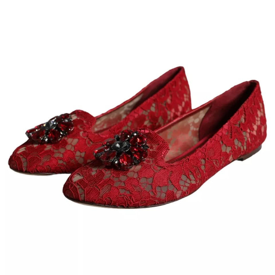 Red Lace Crystal Ballet Flats Loafers Shoes