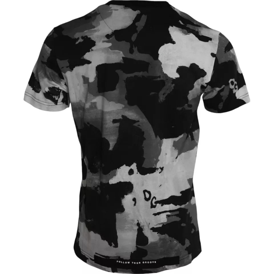 Black White Camouflage Round Neck T-shirt