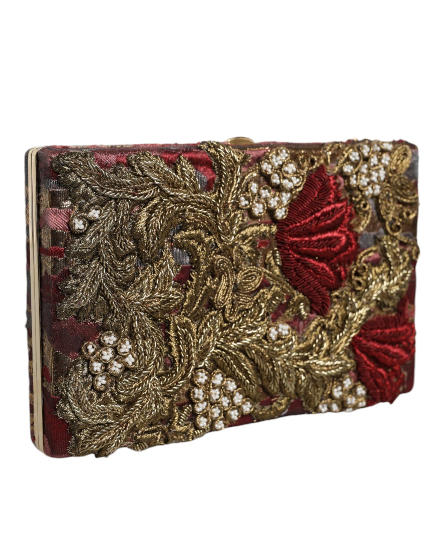 Maroon Gold Floral Jacquard Gold Frame Clutch Evening Purse Bag