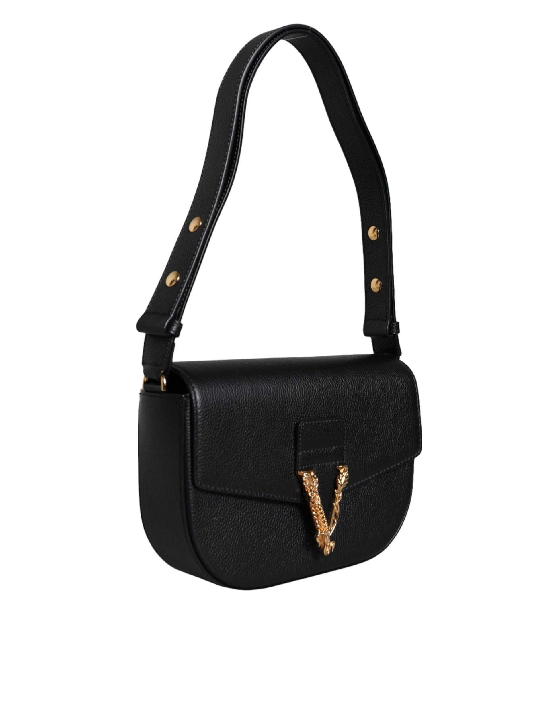 Black Grainy Calf Leather Logo Crossbody Shoulder Bag