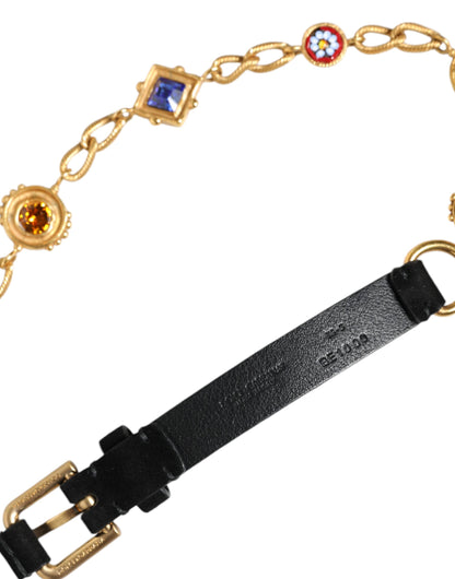 Black Leather Gold Brass Crystal Chain Waist Belt