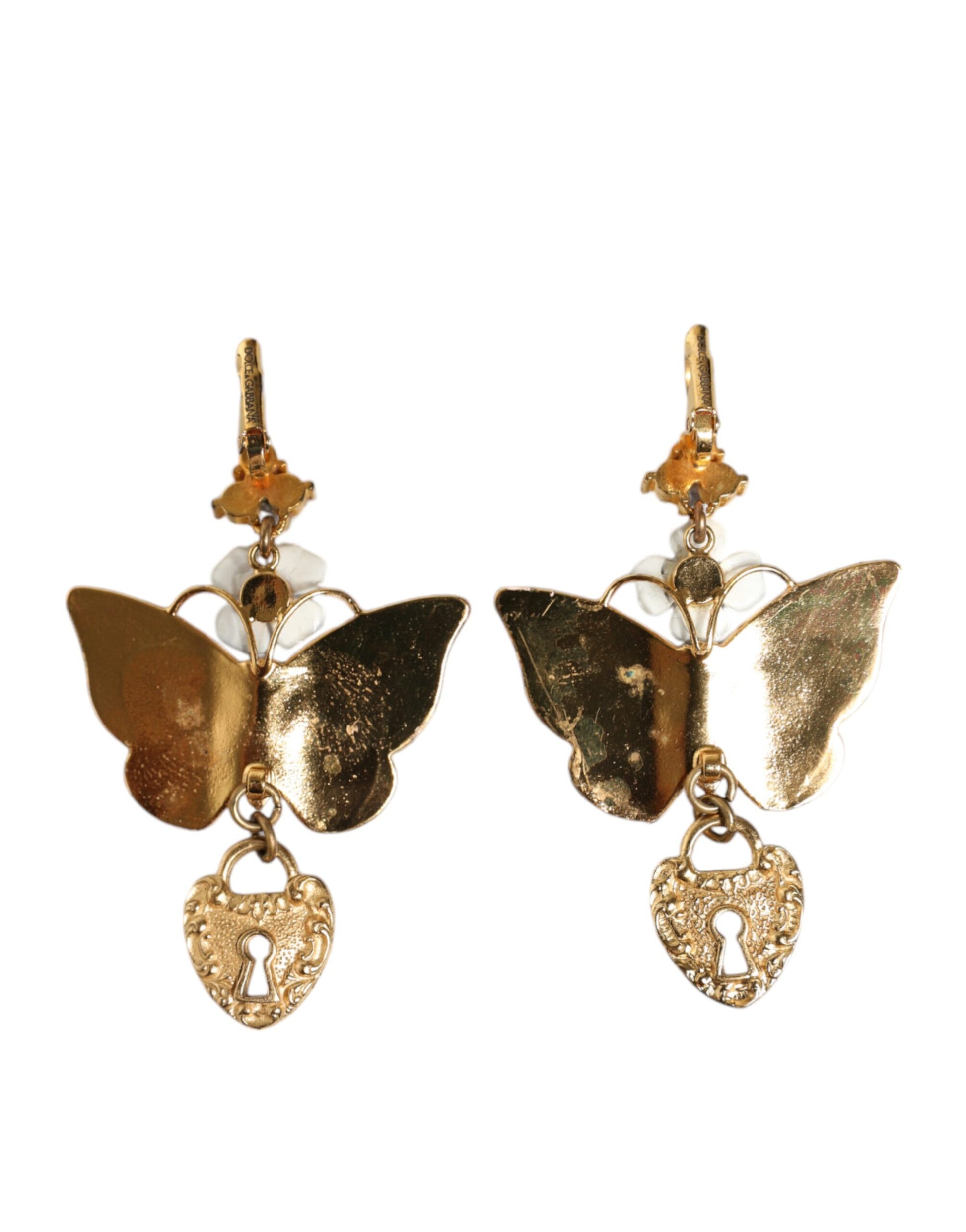 Gold Purple Crystal Butterfly Heart Locket Earrings