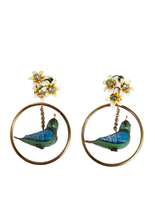 Gold Tone Brass Crystal Bird-in-Hoop Statement Earrings