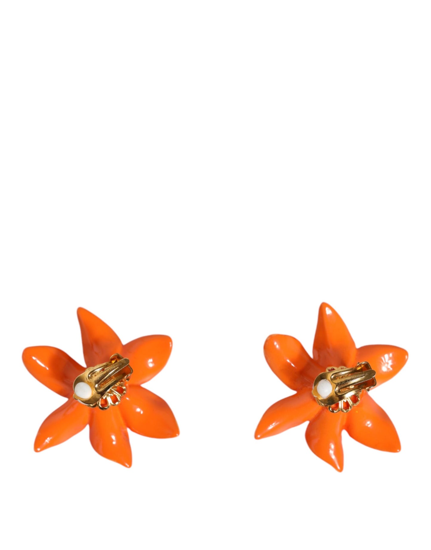 Orange Green Gold Brass Lily Flower Clip Floral Earrings