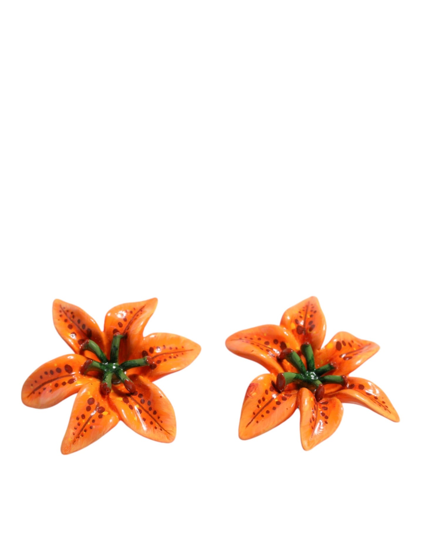 Orange Green Gold Brass Lily Flower Clip Floral Earrings