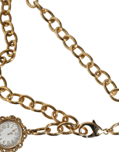 Gold Chain Brass Crystal Clock Statement Necklace