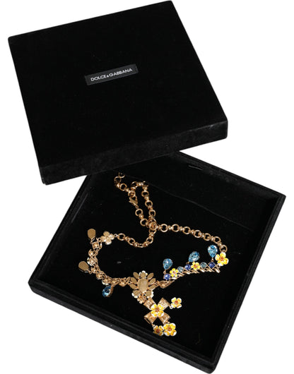 Gold Brass Chain Floral Crystal Cross Pendant Necklace