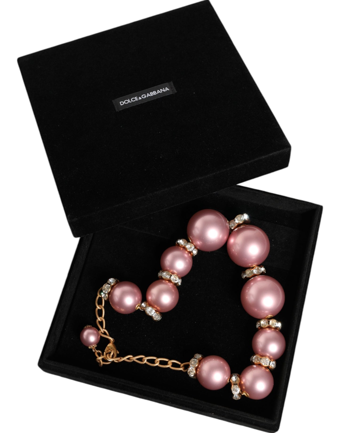 Pink Maxi Faux Pearl Beads Crystals Gold Chain Necklace