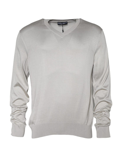 Off White Silk V-neck Long Sleeves Pullover Sweater