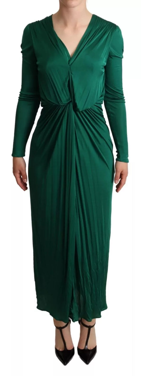 Dark Green Viscose Long Sleeve Midi Dress