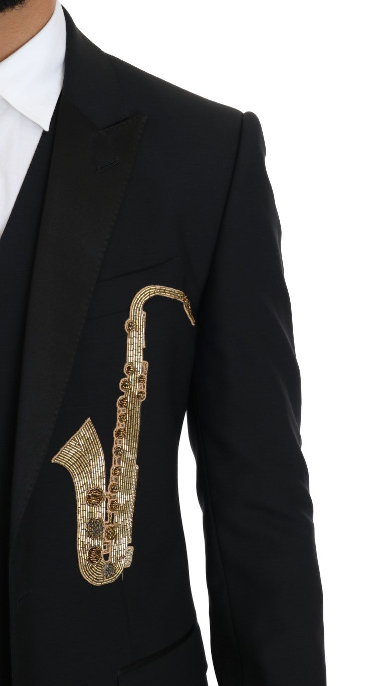 Elegant Black Three-Piece Suit with Saxophone Embroidery