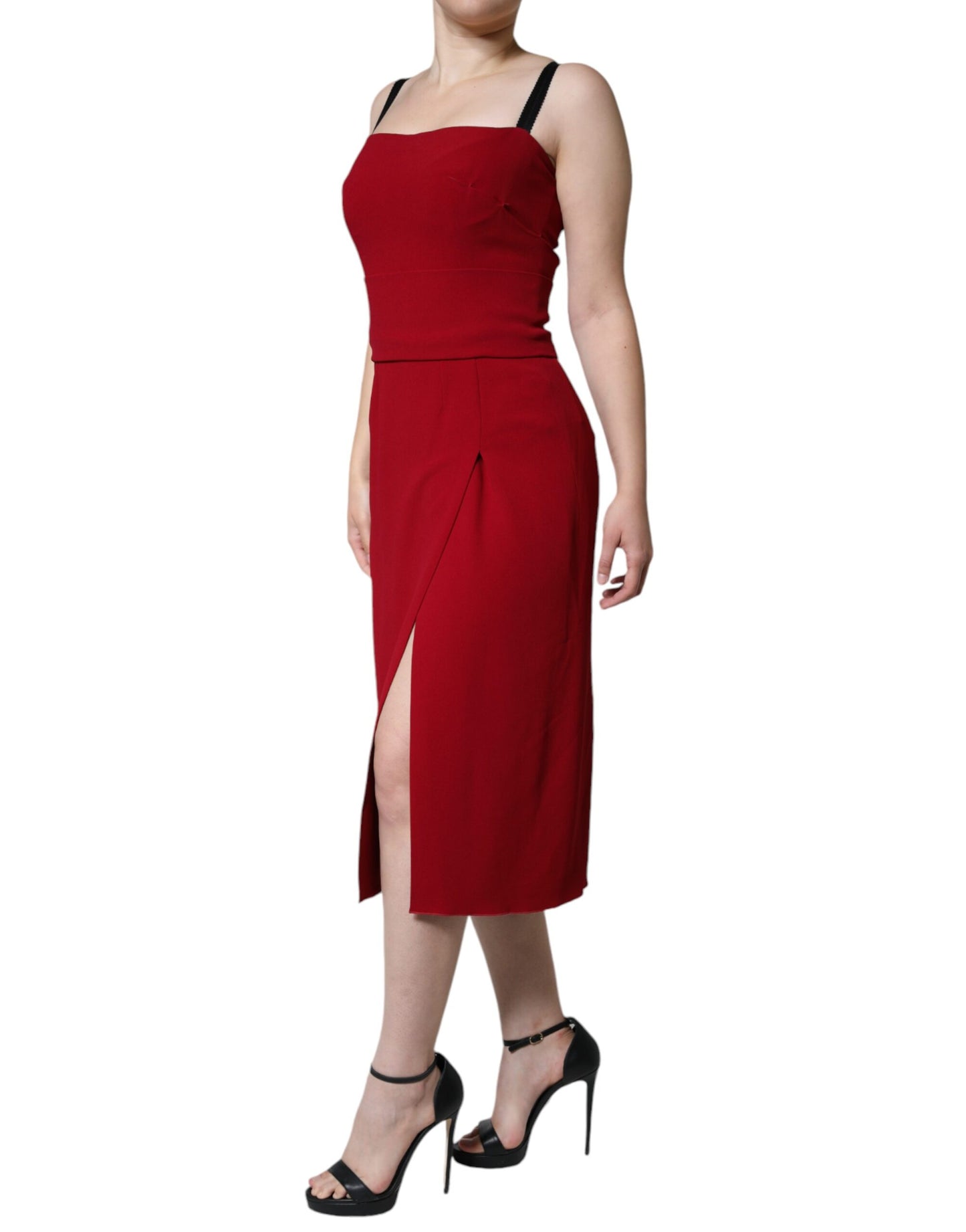 Red Viscose Stretch Side Slit Sheath Midi Dress