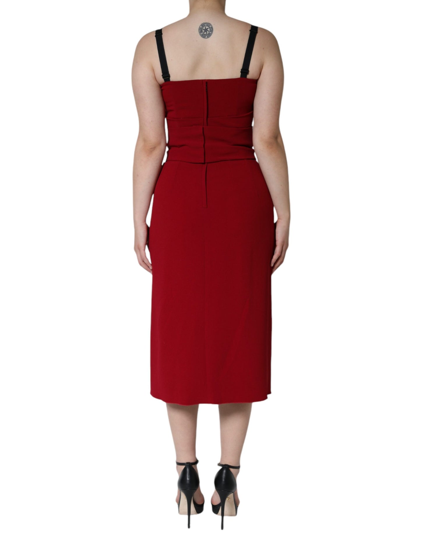 Red Viscose Stretch Side Slit Sheath Midi Dress