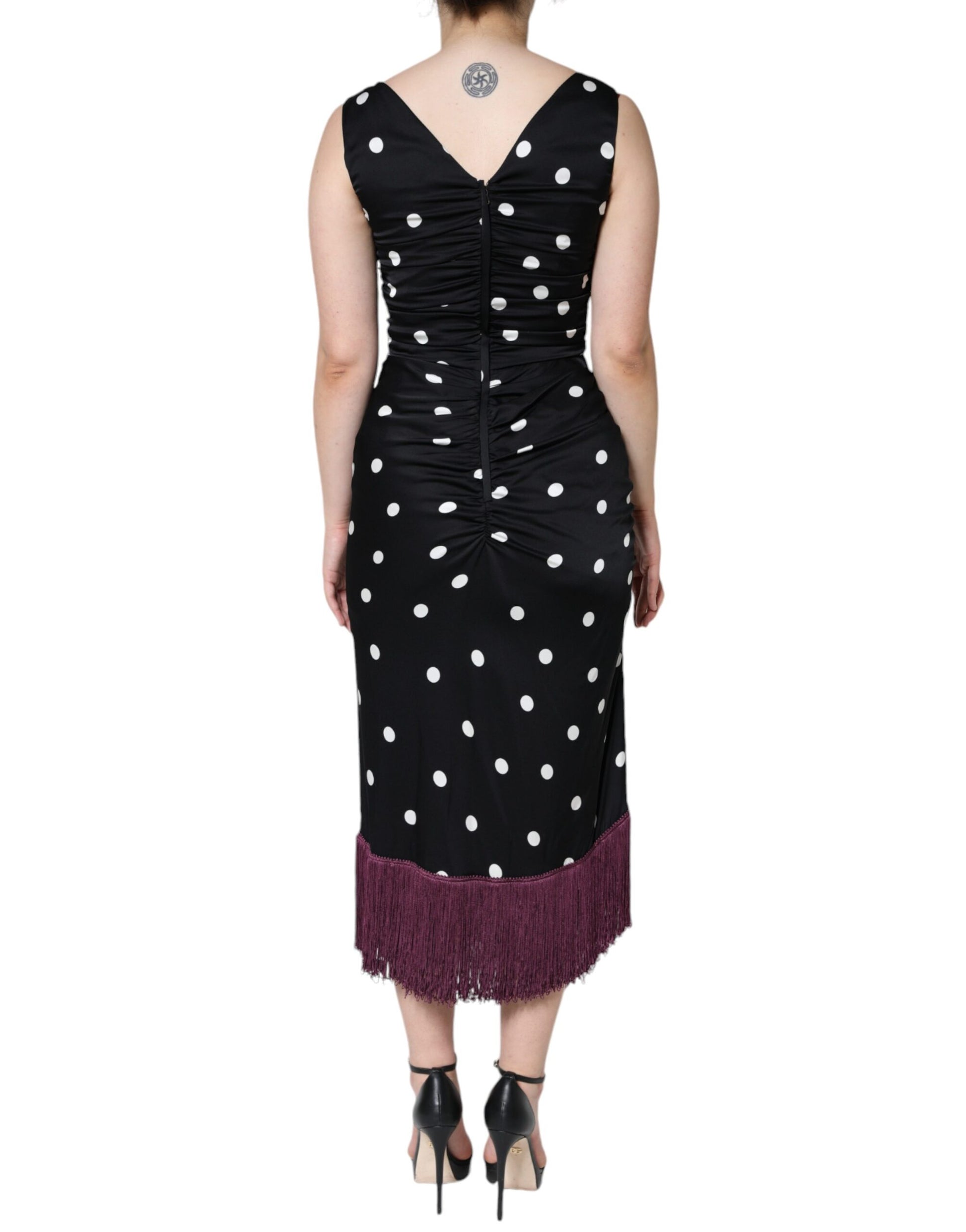 Black Silk Polka Dot V-neck Tassel Midi Dress