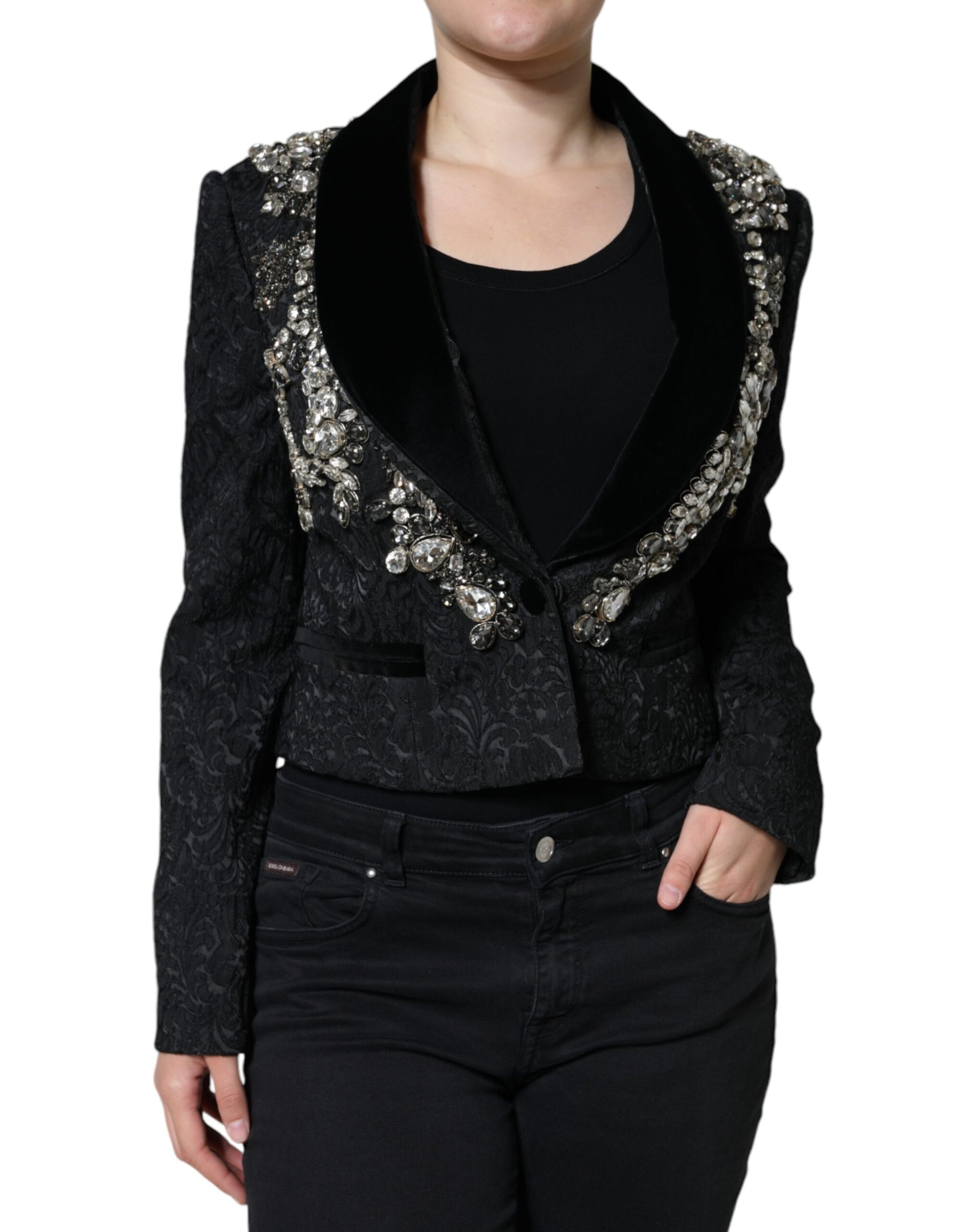 Black Jacquard Crystal Floral Jacket Blazer