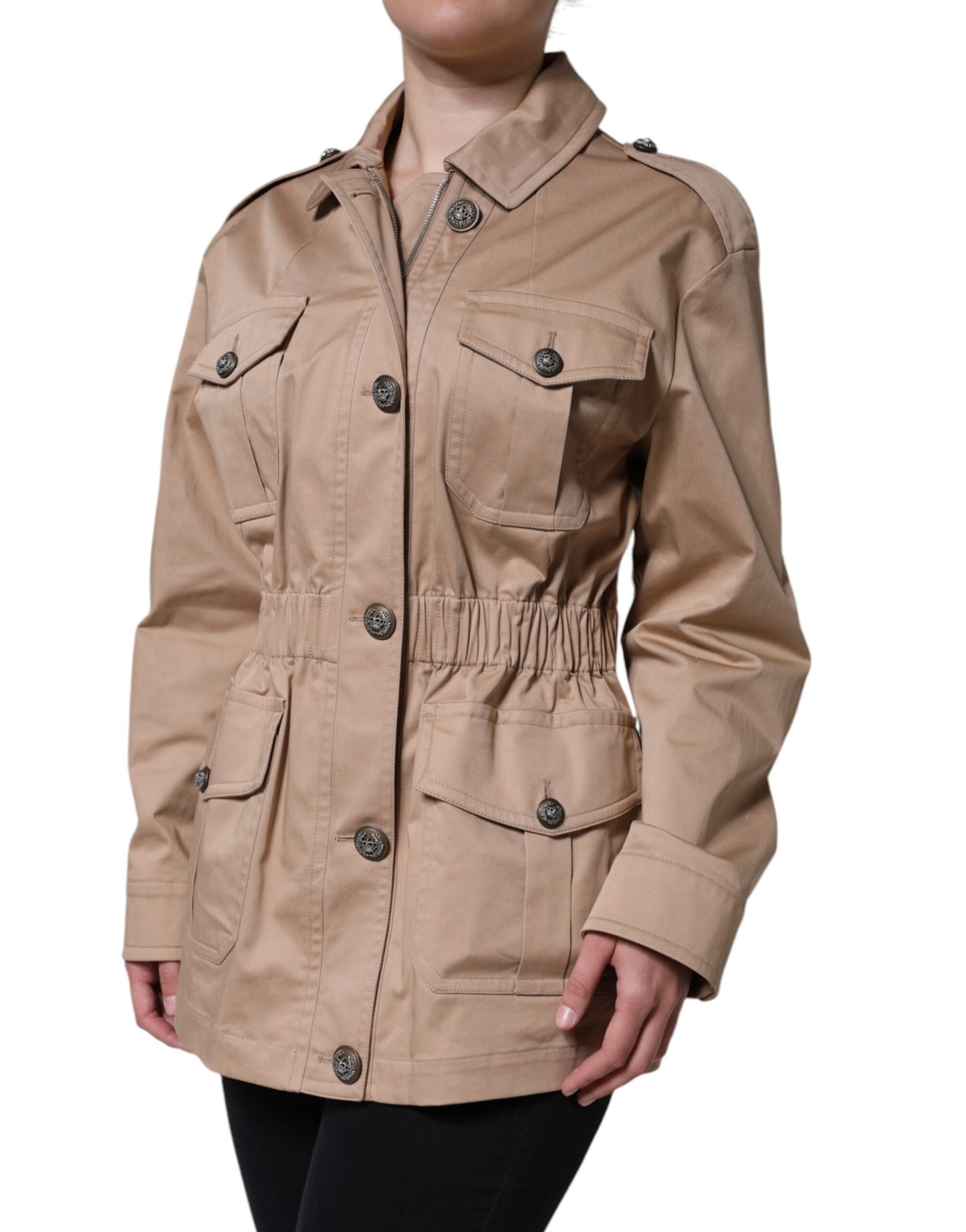 Beige Cotton Long Sleeve Collared Coat Jacket