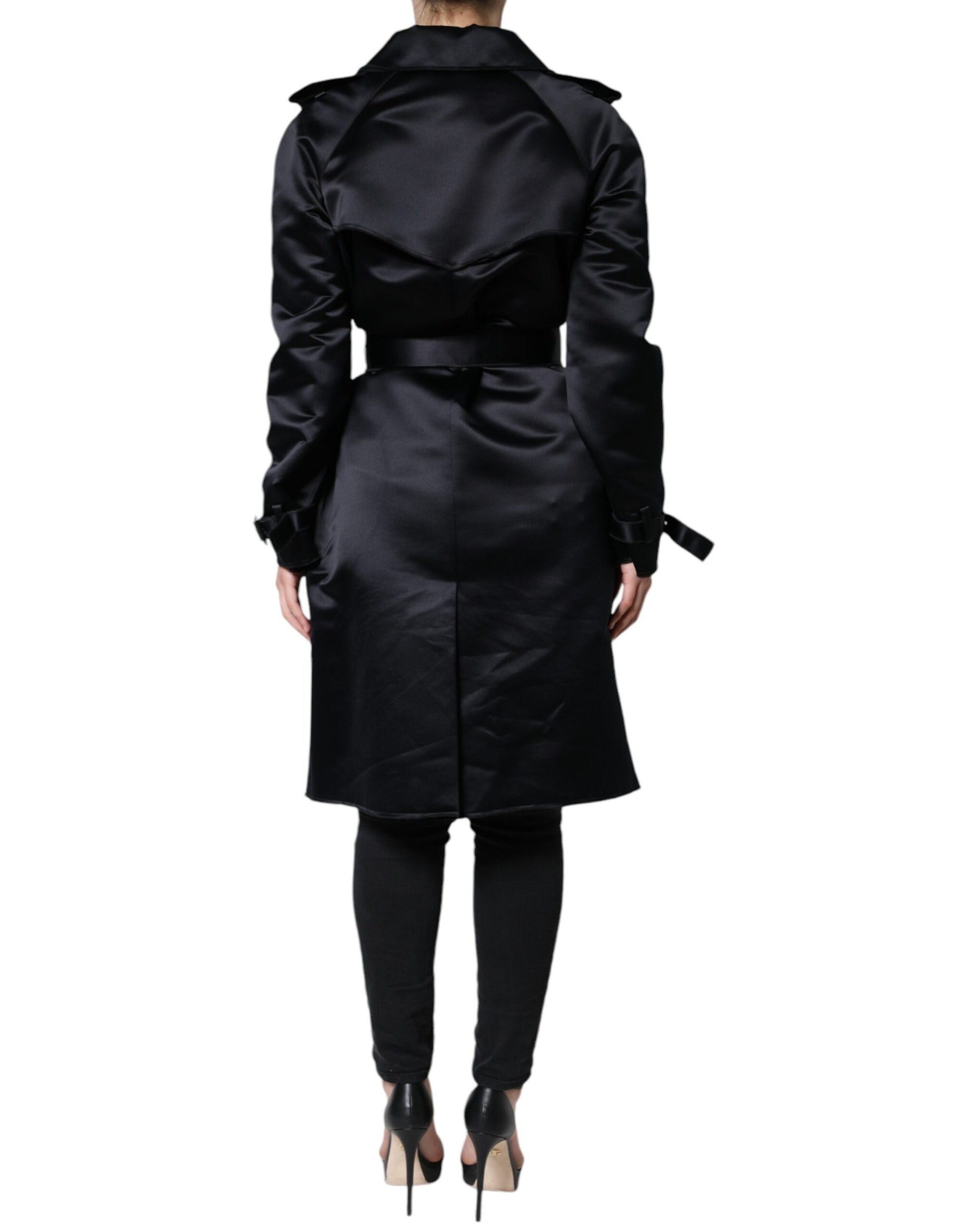 Black Polyester Organza Belted Coat Jacket