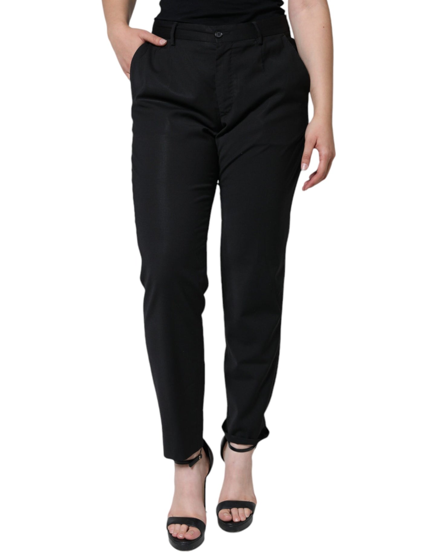 Black Polyester High Waist Tapered Pants